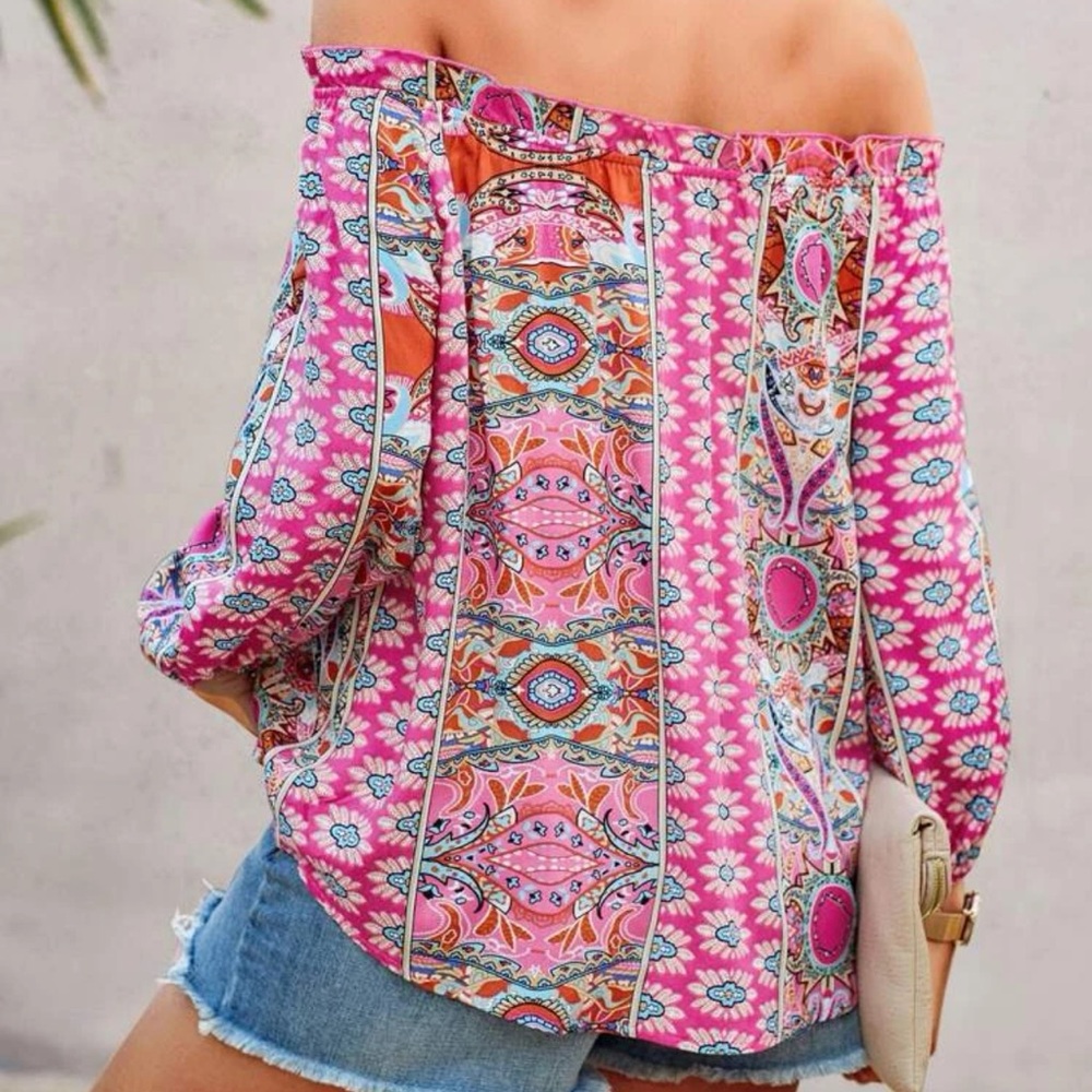 Paisley floral print off the shoulder long sleeve ruffle boho blouse maroon red - Picture 8 of 10